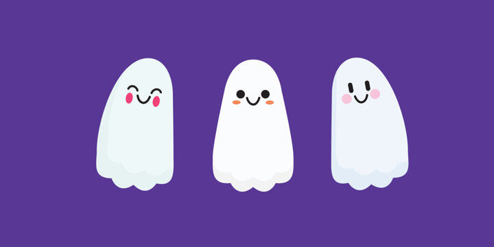 Cute Kawaii Halloween Ghosts with Happy Expressions Vector Set.

