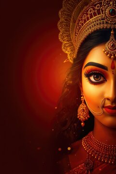 Divine Portrait of Goddess Durga in Golden Crown and Jewelry