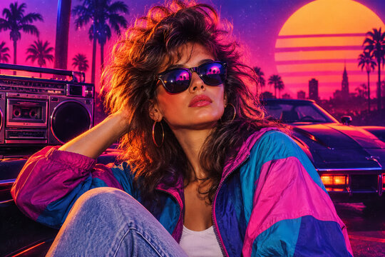 Retro 80s Woman with Sunglasses and Windbreaker Jacket, Synthwave Sunset with Palm Trees and Classic Car