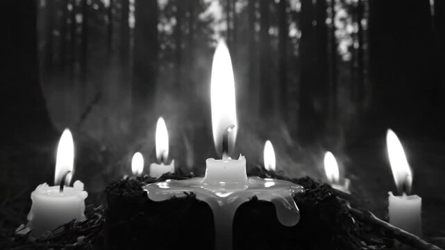 Mysterious candlelight ritual in a dark forest, surrounded by smoke and atmosphere of magic