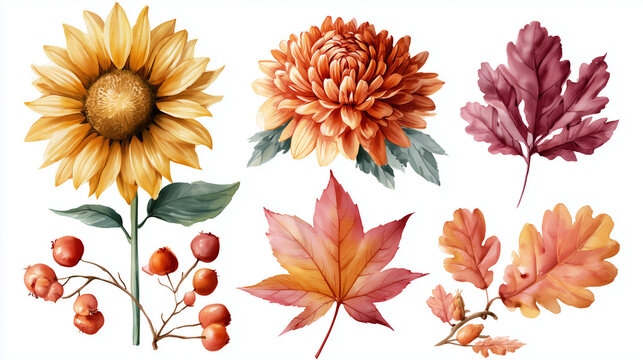 Set of watercolor autumn elements featuring a sunflower, chrysanthemum flower, maple leaf, oak leaves, and berries isolated on white background