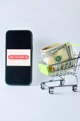 Smartphone displaying a prominent 'Add to Cart' button next to a miniature shopping cart filled with US dollar bills, representing e-commerce transactions and online shopping expenses. © Akram
