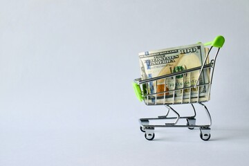 Miniature shopping cart filled with folded US hundred-dollar bills on a clean white background with copy space. © Akram
