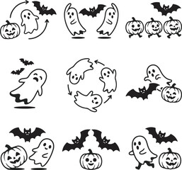 Obraz premium Black Stick Figure Halloween Icon Set with Ghosts and Bats