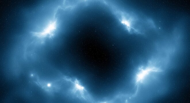 Wide angle celestial view of a blue starfield and nebula with cosmic dust motes and wispy gas textures