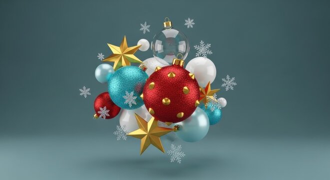 A 3D render of festive Christmas ornaments and golden stars floating in zero gravity against a muted teal background