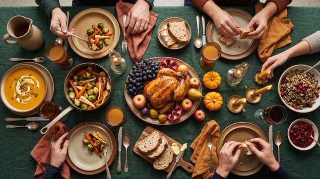 Overhead view of a festive dinner table with roasted poultry on a platter, grapes, vegetables, soup, bread, dips, drinks, candles, and hands sharing a meal