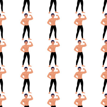 strong man flexing muscles seamless pattern on white background