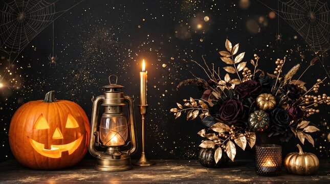 Halloween still life with glowing jack-o'-lantern, vintage lantern and tall candle beside gold and dark floral arrangement; cobweb corner, sparkles, warm moody light