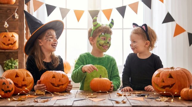 Three children in Halloween costumes carve pumpkins at a festive table with string lights, smiling and chatting. Bunting flags hang above and carved jack‑o&rsquo;-lanterns sit nearby