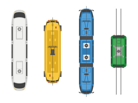 Set of four different city tram and train vehicles in top down view, urban public transport icons, flat style, city infrastructure planning