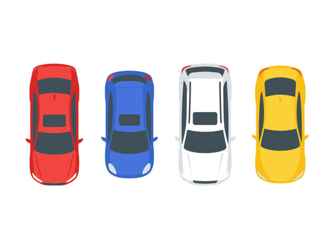 Top down view set of four colorful automobiles, red blue white yellow sedan vehicles, city traffic illustration, automotive navigation transportation