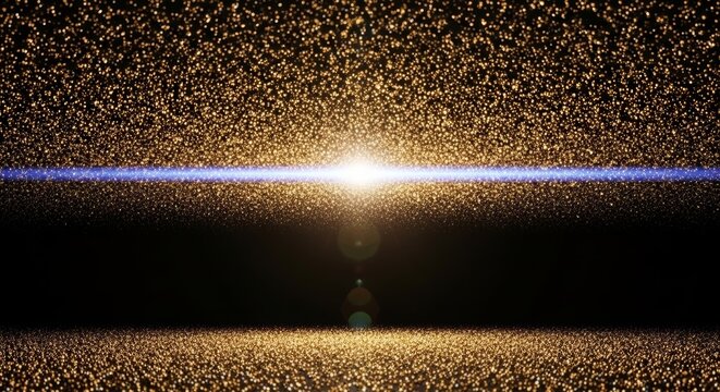 Cinematic macro shot of gold and silver particles with an anamorphic lens flare on a dark floor