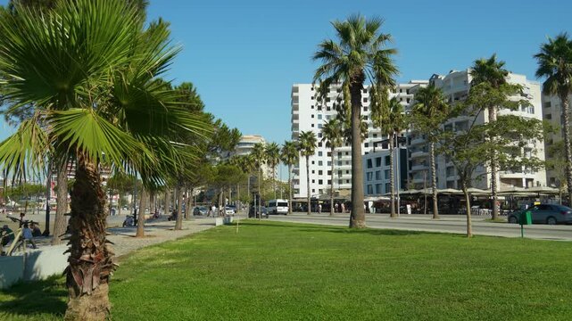 Morning light shines on the city waterfront with hotels restaurants and palm trees