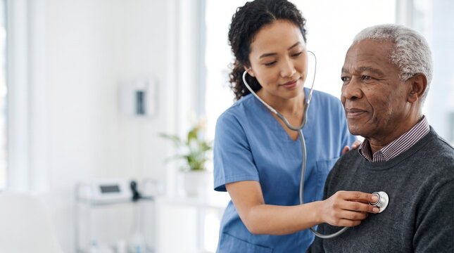Nurse in blue scrubs uses a stethoscope to listen to an elderly man&rsquo;s chest during a medical checkup at a clinic, both calm and focused in a bright exam room