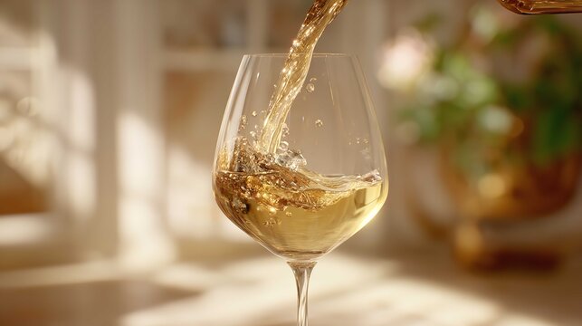 White wine being poured into a glass. A close-up view of a wine pour