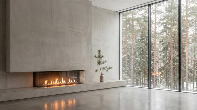 Modern minimalist living room interior with a sleek concrete fireplace and a snowy forest view