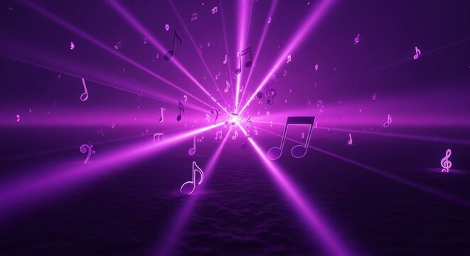A cinematic burst of violet light from a central point scattering various musical notes across a dark textured field of indigo