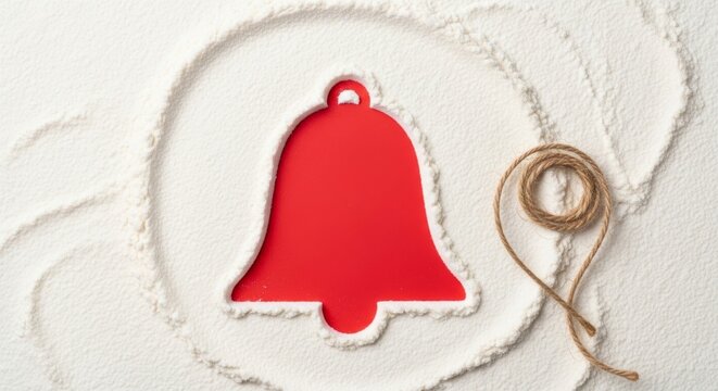 Macro top down view of a bell shape etched into white coconut flour with rustic twine on a red background