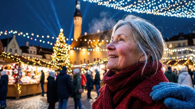 Smiling senior woman in scarf and coat at outdoor Christmas holiday market with glowing string lights, decorated tree, and festive stalls; night scene with crowd and bokeh