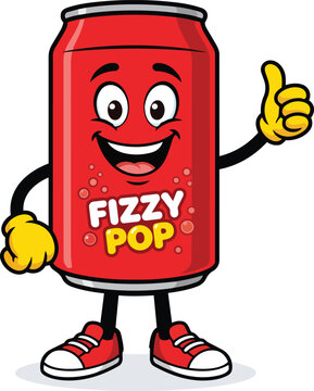 A Cheerful Can of Fizzy Pop: An animated red soda can with a smiling face, arms, and legs gives a thumbs-up, promoting a refreshing and fun beverage experience.