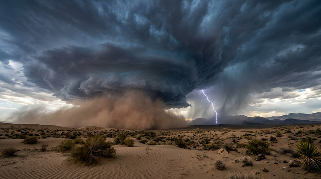 Dramatic supercell thunderstorm with lightning and dust storm over the desert landscape.