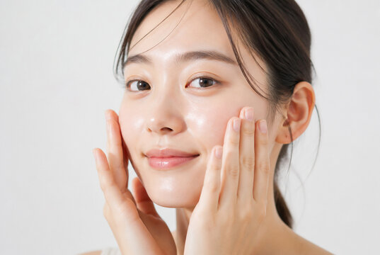 保湿クリームを頬に塗り肌を整える日本人女性
