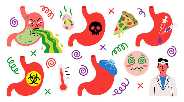 Stomach health and digestive issues set featuring sickness, nausea, infection, medical examination, digestive illness, abdominal pain