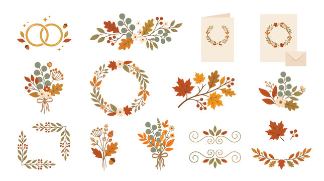 Autumn wedding floral collection, rustic fall leaf wreaths and bouquets, 12 vector botanical elements for seasonal invitations