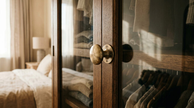 Wooden Wardrobe with Glass Doors in Modern Minimalist Bedroom