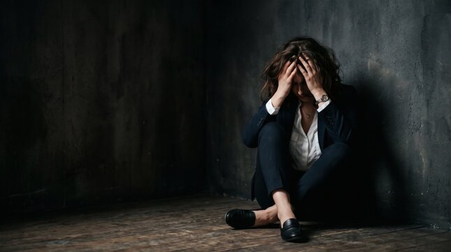 Woman sitting alone in dark room covering face with hands.
