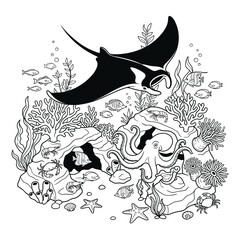 Obraz premium Manta ray swimming over coral reef with diverse sea creatures