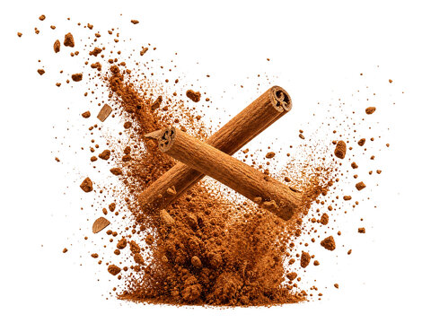 Cinnamon Powder Burst with Two Floating Cinnamon Sticks Isolated on Transparent, cinnamon flavors, design element
