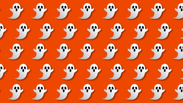 Halloween Ghost Pattern Grid Loop on Bright Orange Background.
