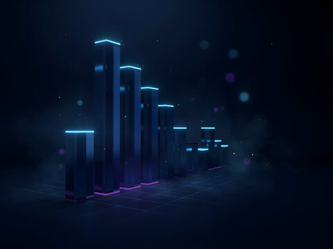 Abstract 3d bar chart visualization with glowing blue neon edges and dark reflective surfaces representing growth and data analytics concepts