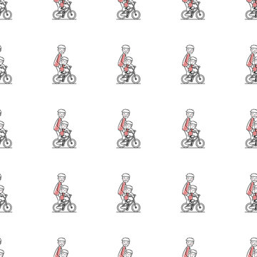 father and child bicycle riding doodle seamless pattern design