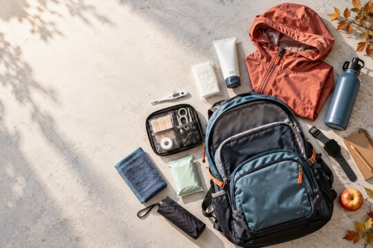 Seasonal Health and Travel Essentials Arranged Around Open Backpack