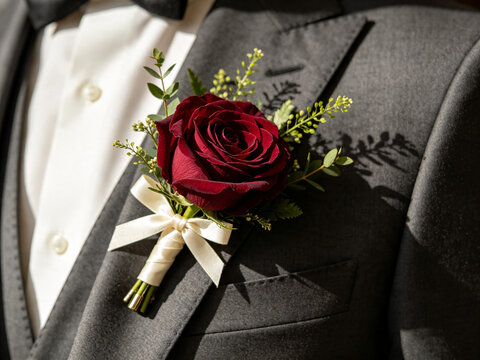 Elegant dark red rose boutonniere pinned to a professional charcoal grey suit jacket for a formal wedding celebration attire