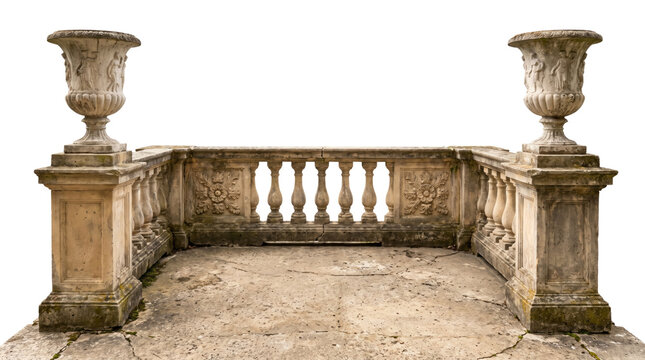 Classic stone italian balustrade. Balustrade, terrace, porch or balcony railing, fencing sections with