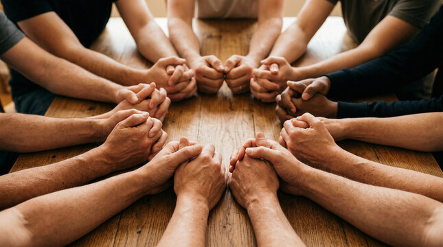 Diverse Group Praying Together Around Wooden Table