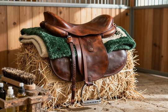 Leather saddle resting on hay bale inside wooden stable