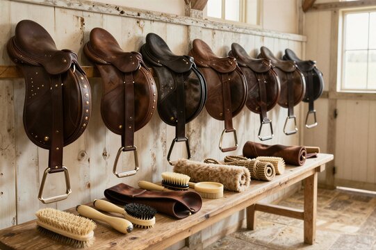 Leather saddles hanging on wall in tack room display workshop