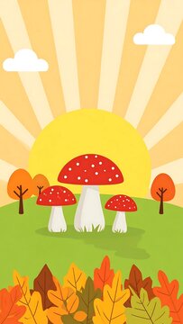 Autumn forest scene with red mushrooms and fallen leaves at sunset.