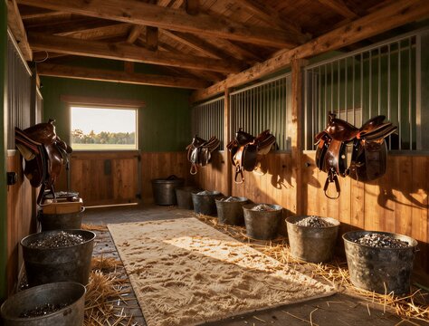 Horse saddles hanging on stall walls in wooden stable interior