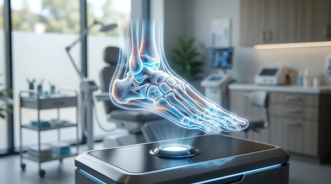 Futuristic hologram of human foot anatomy showing bones and ligaments in a modern medical clinic