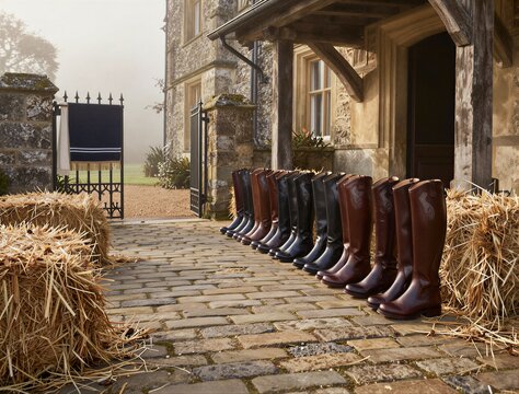 Riding boots lined up outside stone country house entrance