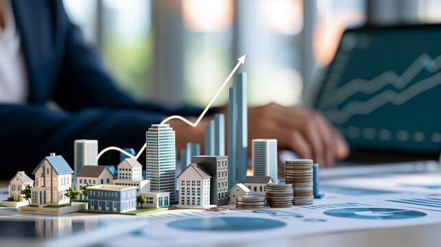 Strategic real estate investment concept with diverse miniature residential and commercial buildings, rising financial charts, stacked coins, digital analytics and a faceless