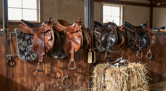 Horse saddles hanging on stall wall in wooden stable