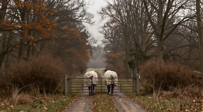 Two sheep standing at gate on country lane in autumn