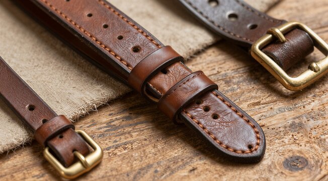 Leather watch straps laid flat and buckled on wooden tabletop